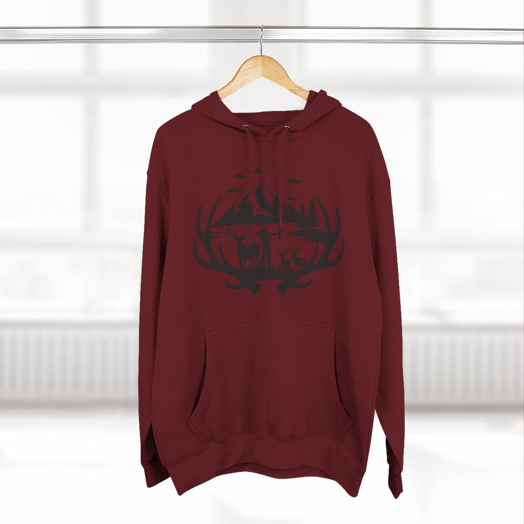 Deer Antler Mountain Hoodie — Rustic Outdoor Gift for Him Wildlife Graphic Pullover