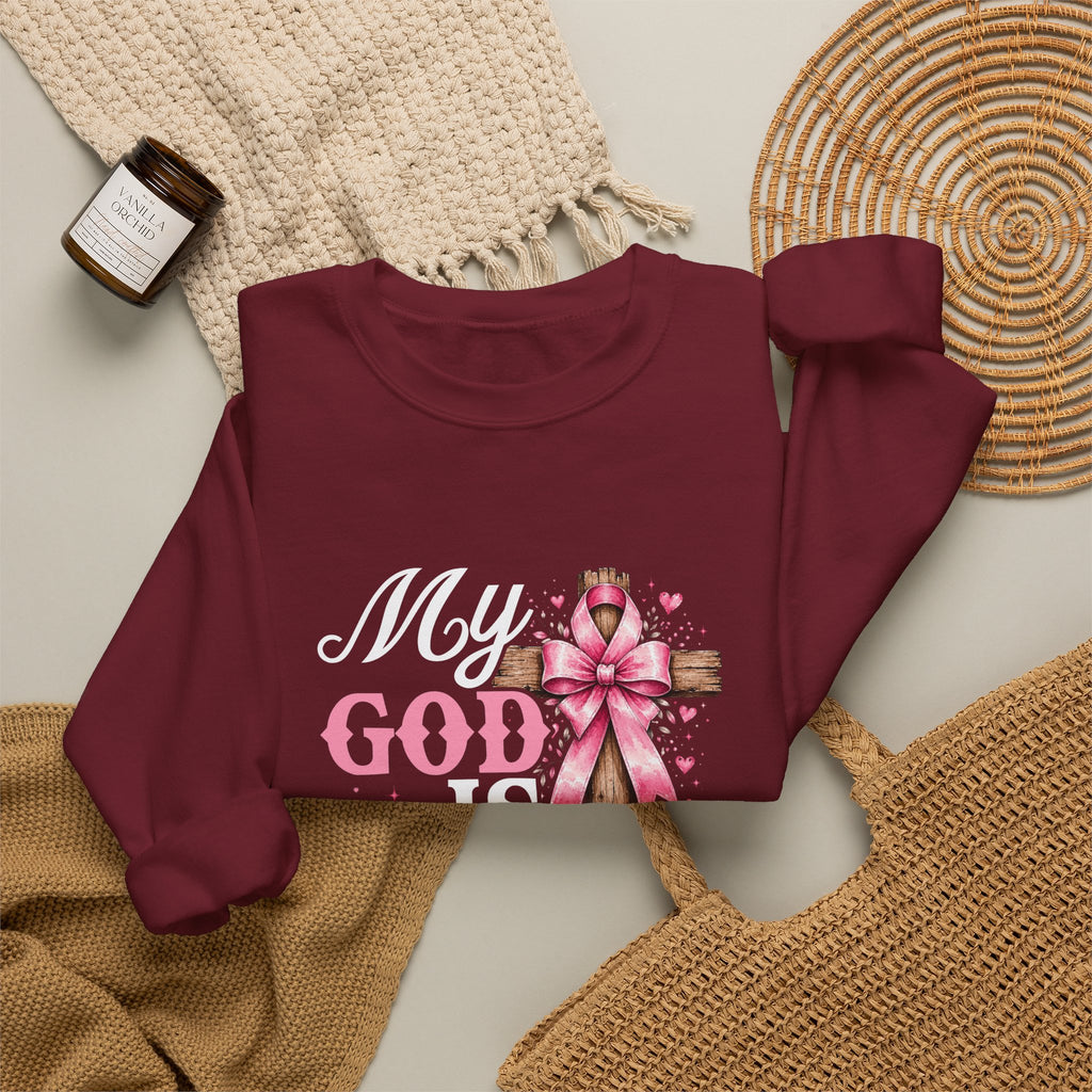 My God Is Bigger Than Cancer Breast Cancer Awareness Crewneck Sweatshirt