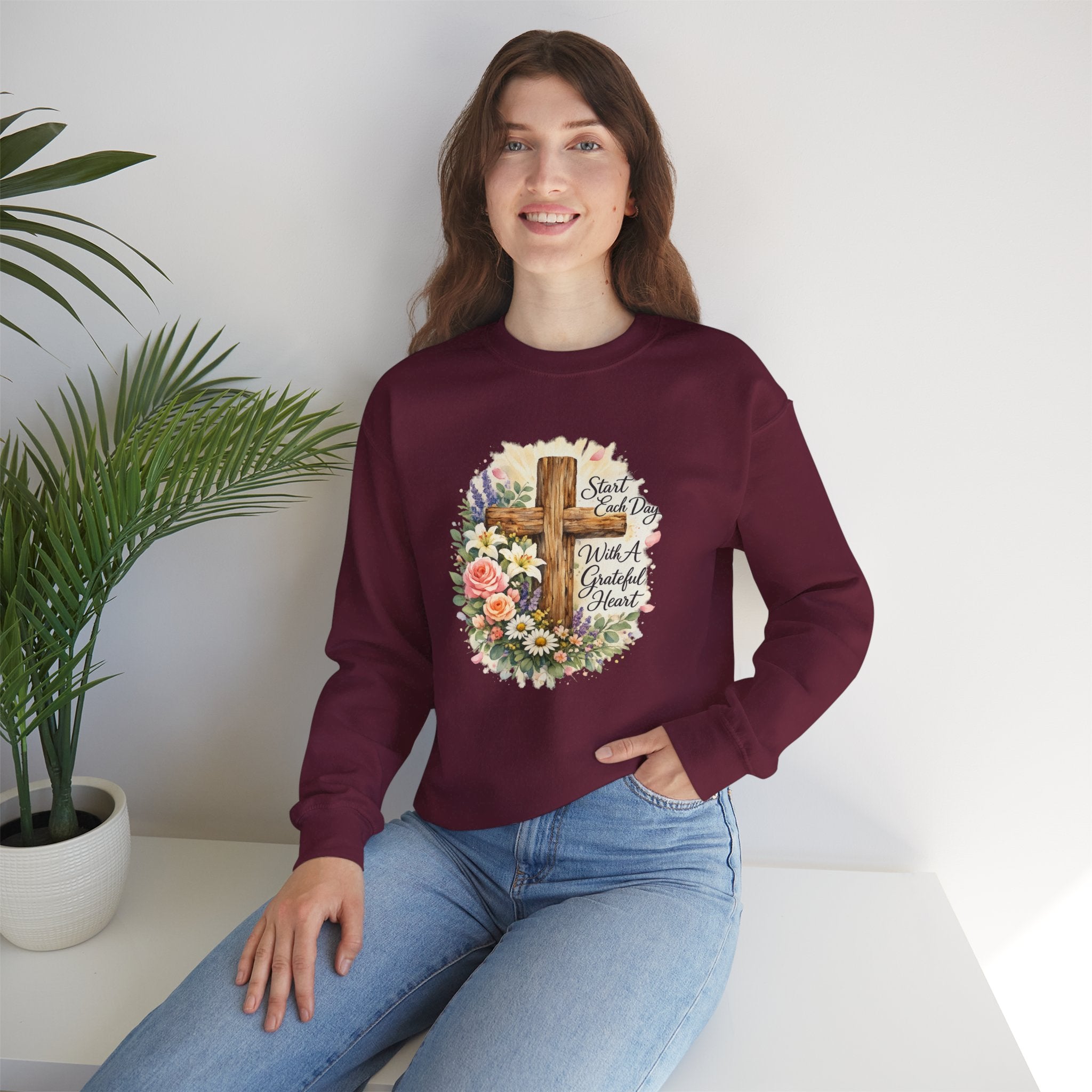 Christian Crewneck Sweatshirt — "Start Each Day with a Grateful Heart" Floral Cross