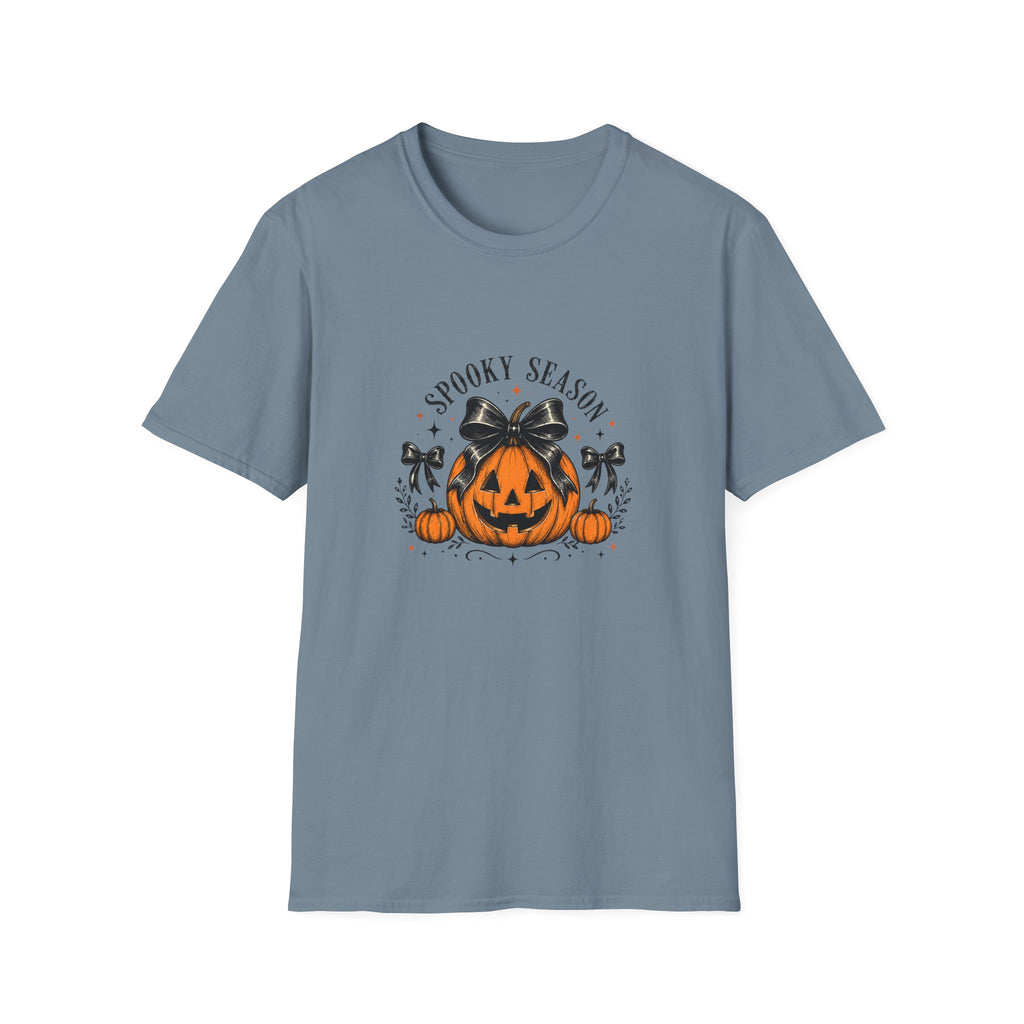 Spooky Season Jack-O'-Lantern Bow T-Shirt — Cute Halloween Gift for Women Graphic Tee