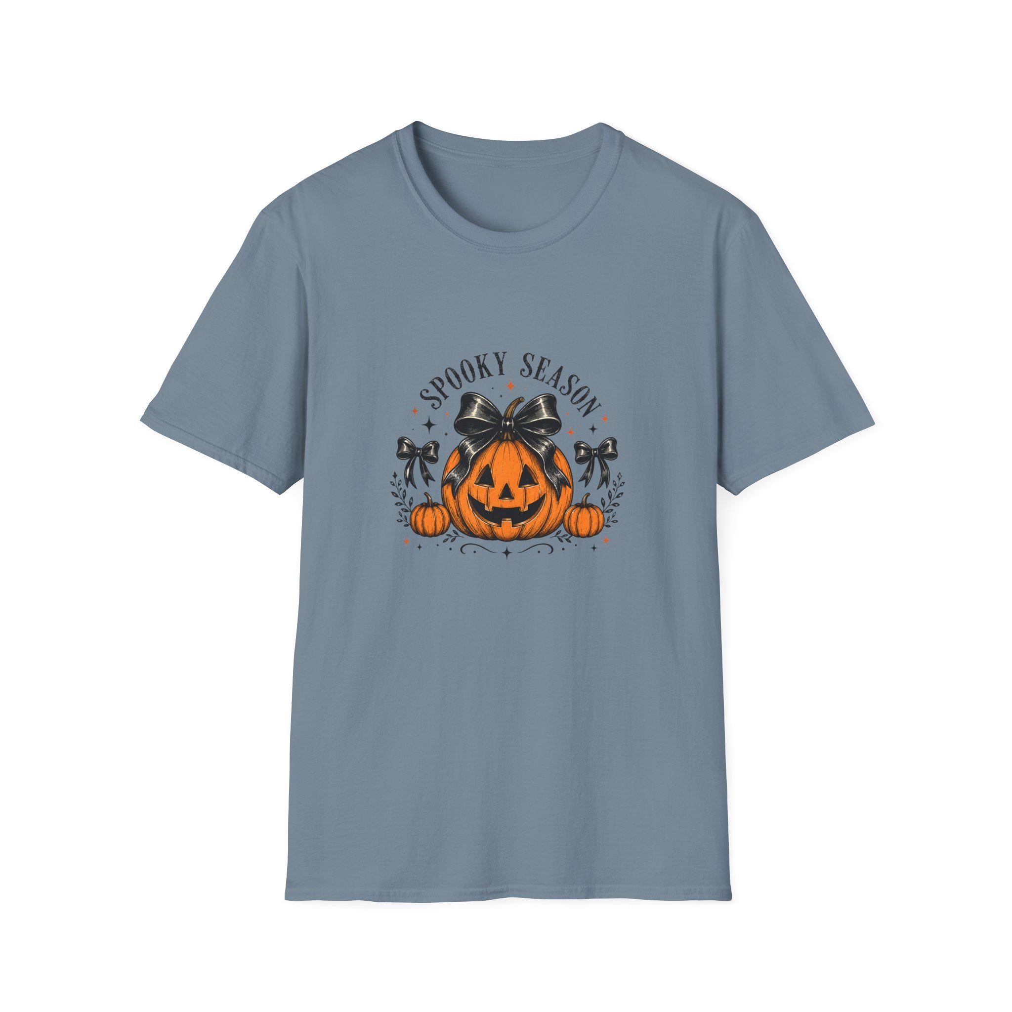 Spooky Season Jack-O'-Lantern Bow T-Shirt — Cute Halloween Gift for Women Graphic Tee