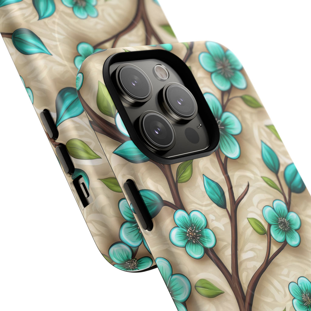 Floral Teal Blossom Tough Magnetic iPhone Case — MagSafe Protective Cover