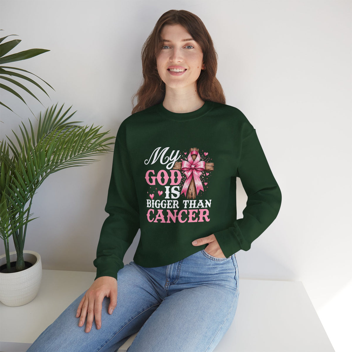 My God Is Bigger Than Cancer Breast Cancer Awareness Crewneck Sweatshirt