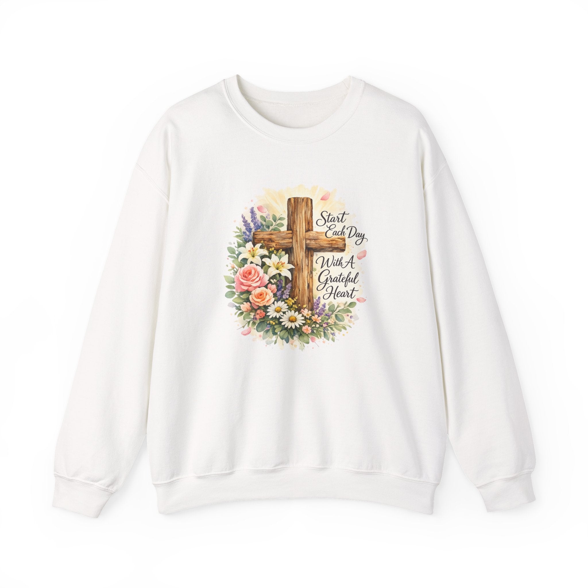 Christian Crewneck Sweatshirt — "Start Each Day with a Grateful Heart" Floral Cross