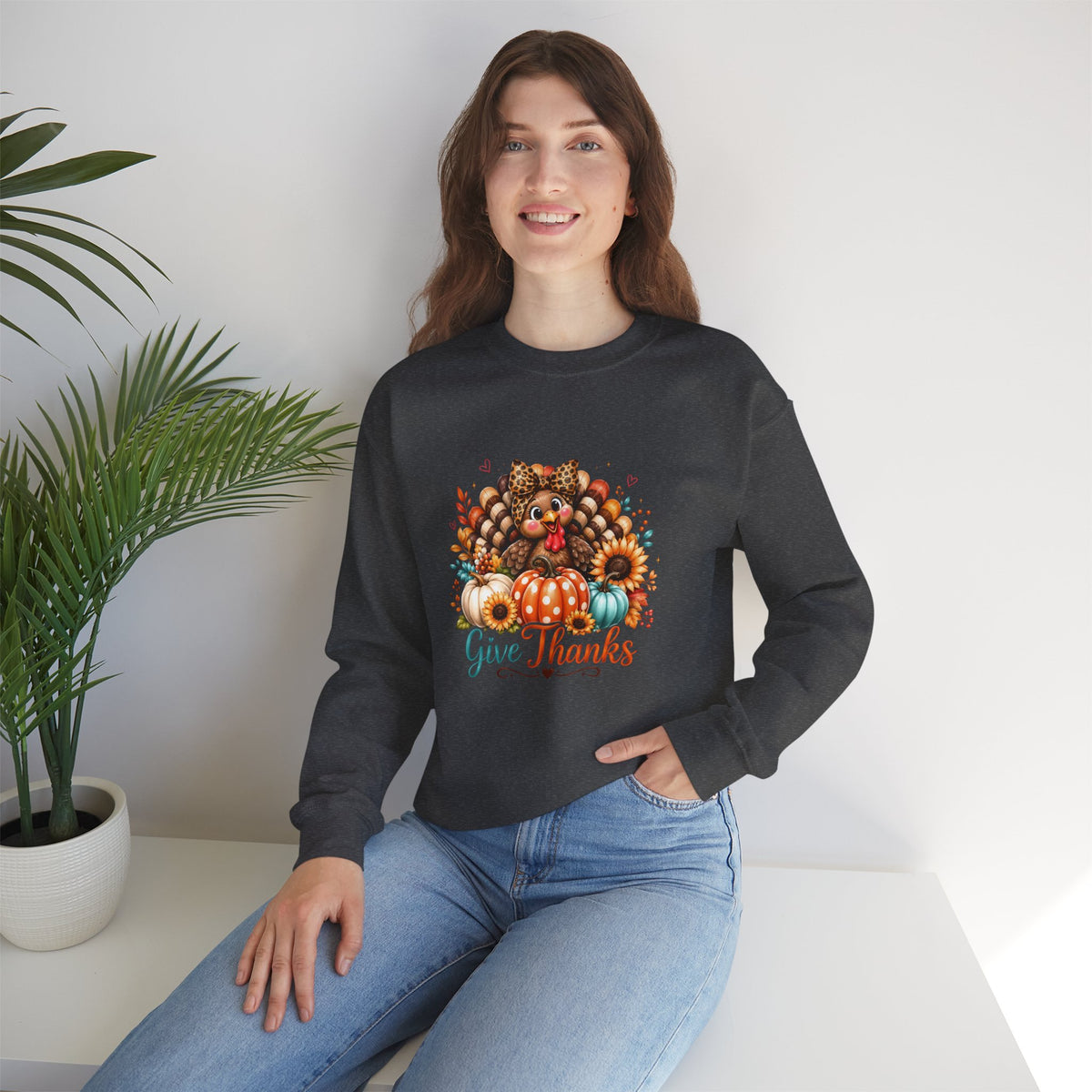 Sweatshirt — "Give Thanks" Autumn Turkey & Pumpkin Thanksgiving Crewneck