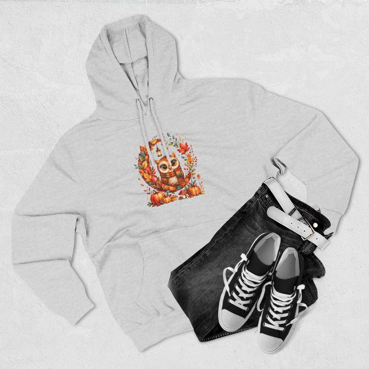 Cozy Autumn Owl Crescent Moon Embroidered Hoodie