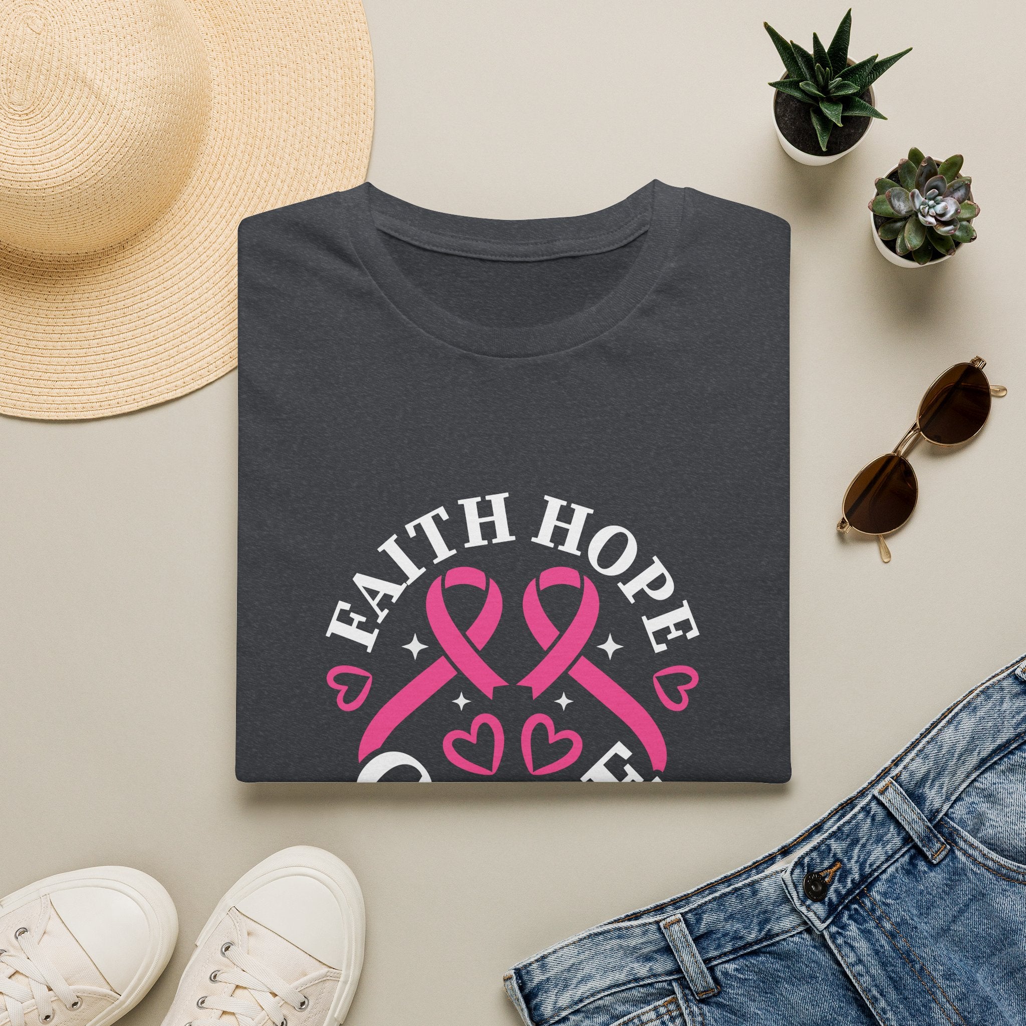 Faith Hope Cure Breast Cancer Awareness T-Shirt — Pink Ribbon Gift for Her Support Graphic Tee