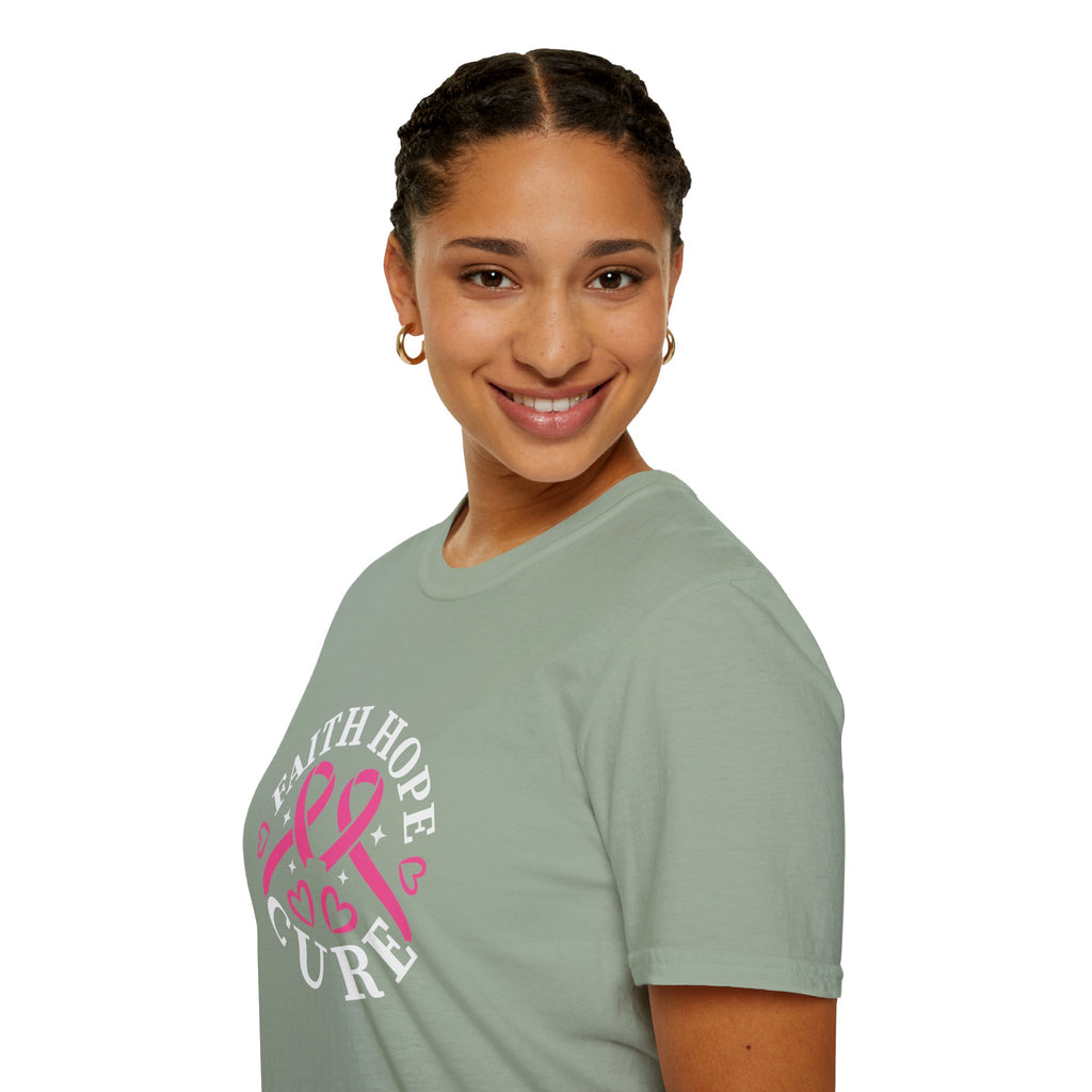 Faith Hope Cure Breast Cancer Awareness T-Shirt — Pink Ribbon Gift for Her Support Graphic Tee