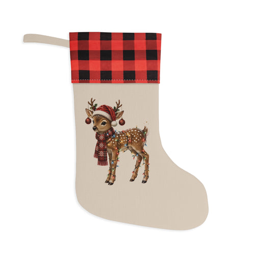 Buffalo Plaid Cuffed Christmas Stocking with Festive Fawn Holiday Mantel Decor