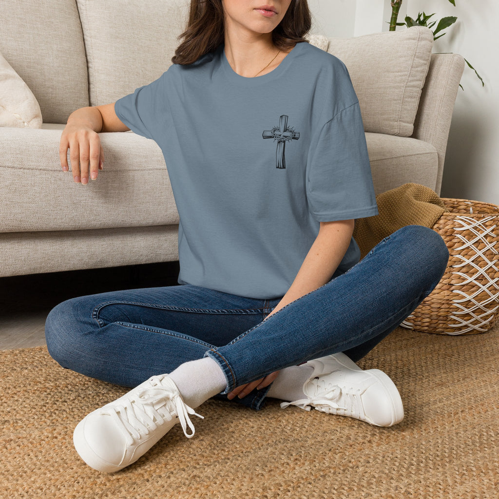 Cross Lion and Jesus Back Print T-Shirt — Wood Cross Chest Christian Faith Graphic