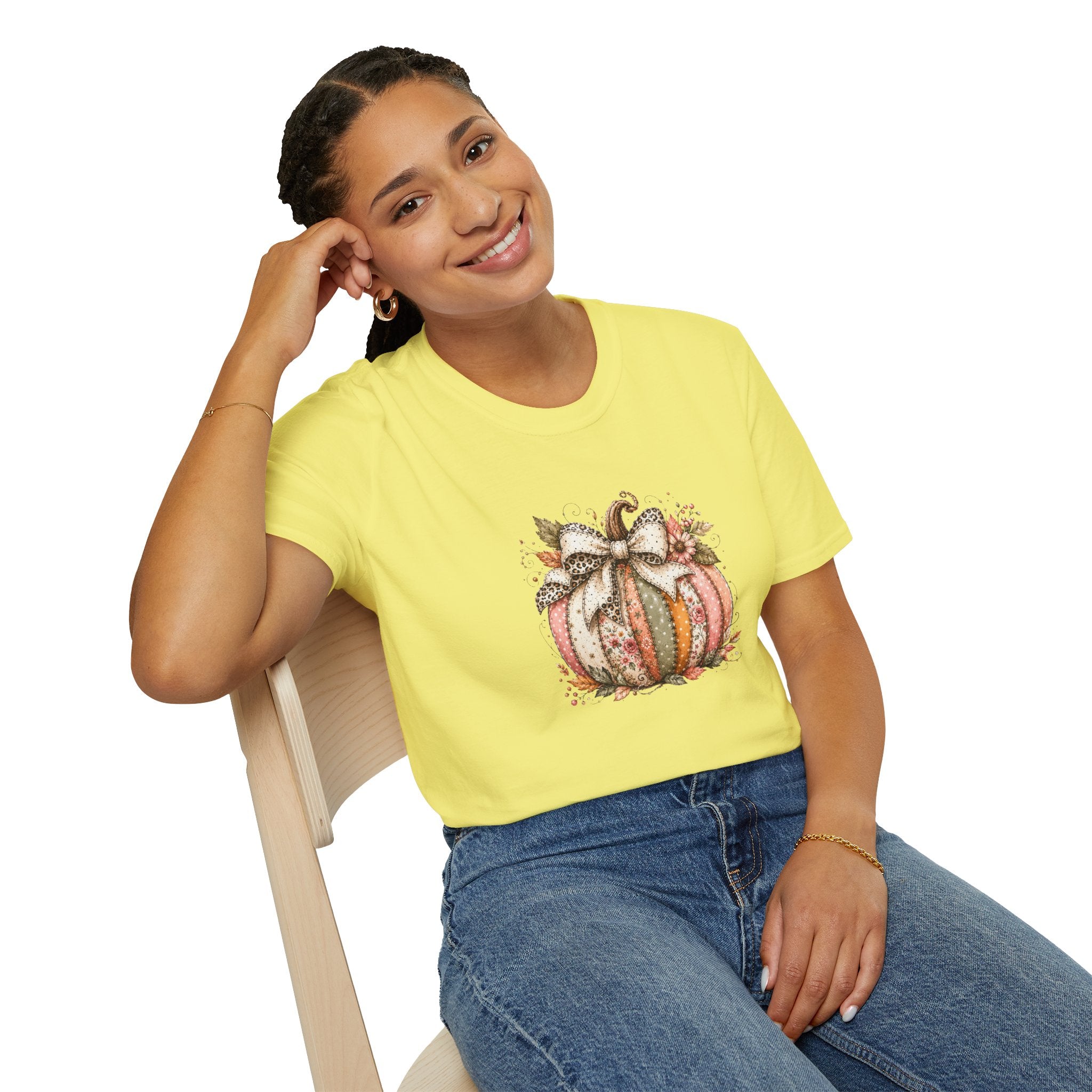 Autumn Floral Pumpkin Leopard Bow T-Shirt — Cute Fall Gift for Women Graphic Tee