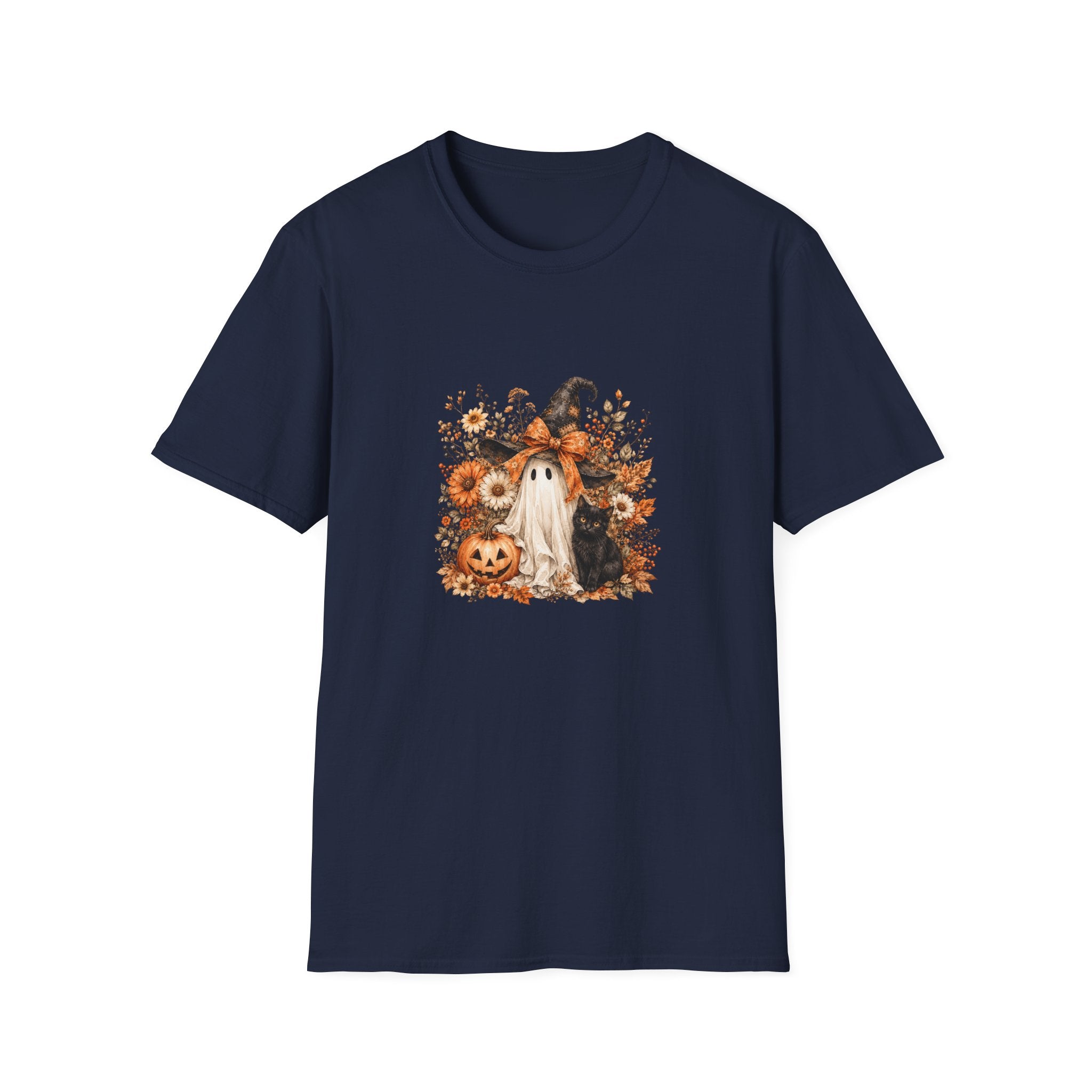 Halloween Witch Ghost & Cat T-Shirt — Cute Spooky Gift for Women Fall Floral Tee