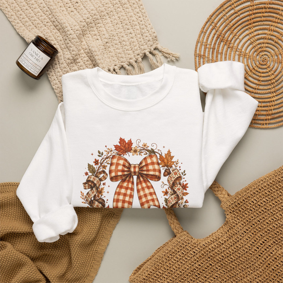 Cozy Autumn Plaid Bow Wreath Crewneck Sweatshirt