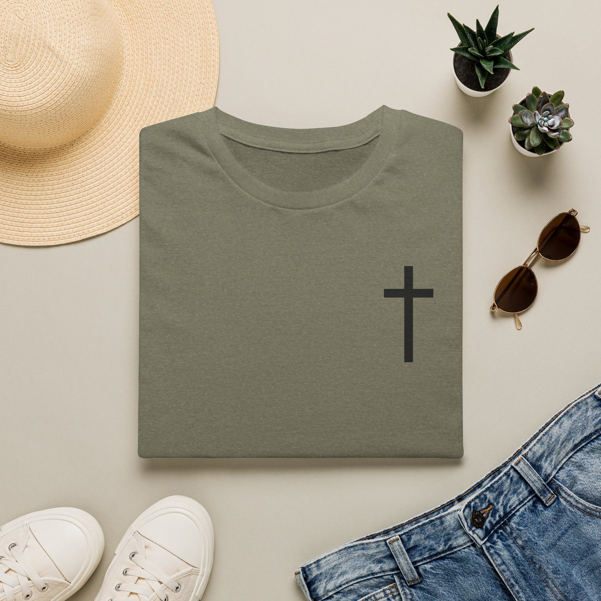 Man of Faith Rooted in Christ T-Shirt — Christian Gift for Him Flag & Cross Back Print Graphic Tee