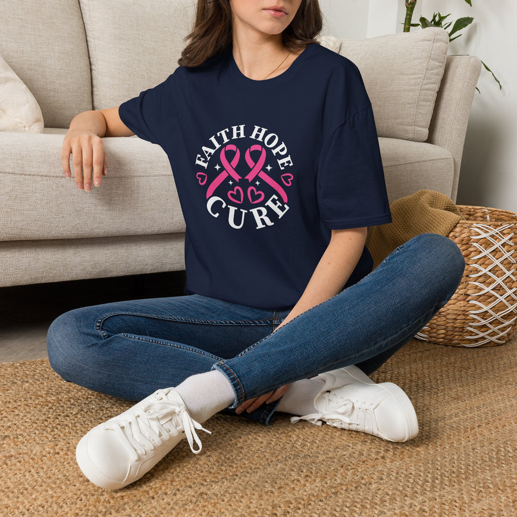 Faith Hope Cure Breast Cancer Awareness T-Shirt — Pink Ribbon Gift for Her Support Graphic Tee