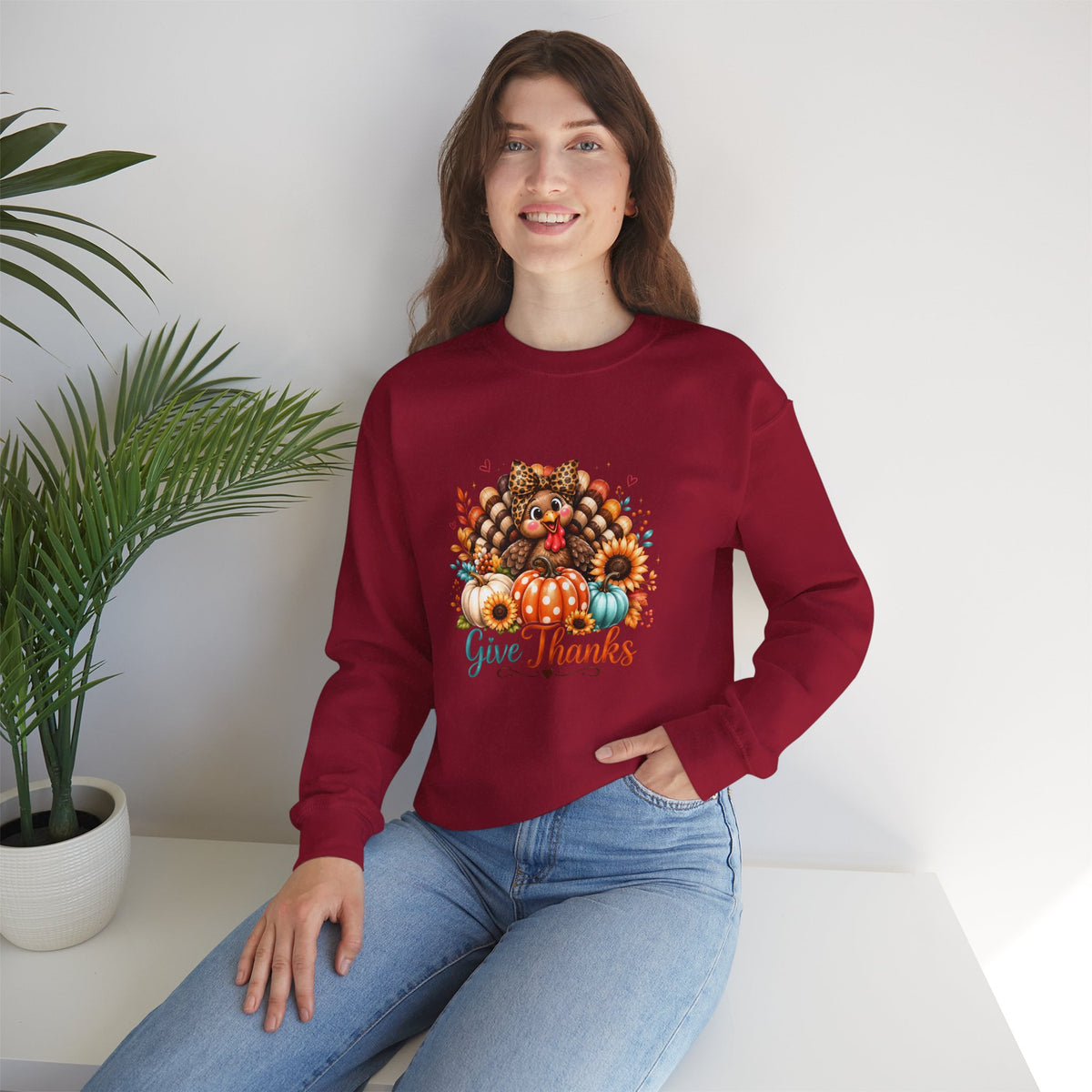 Sweatshirt — "Give Thanks" Autumn Turkey & Pumpkin Thanksgiving Crewneck
