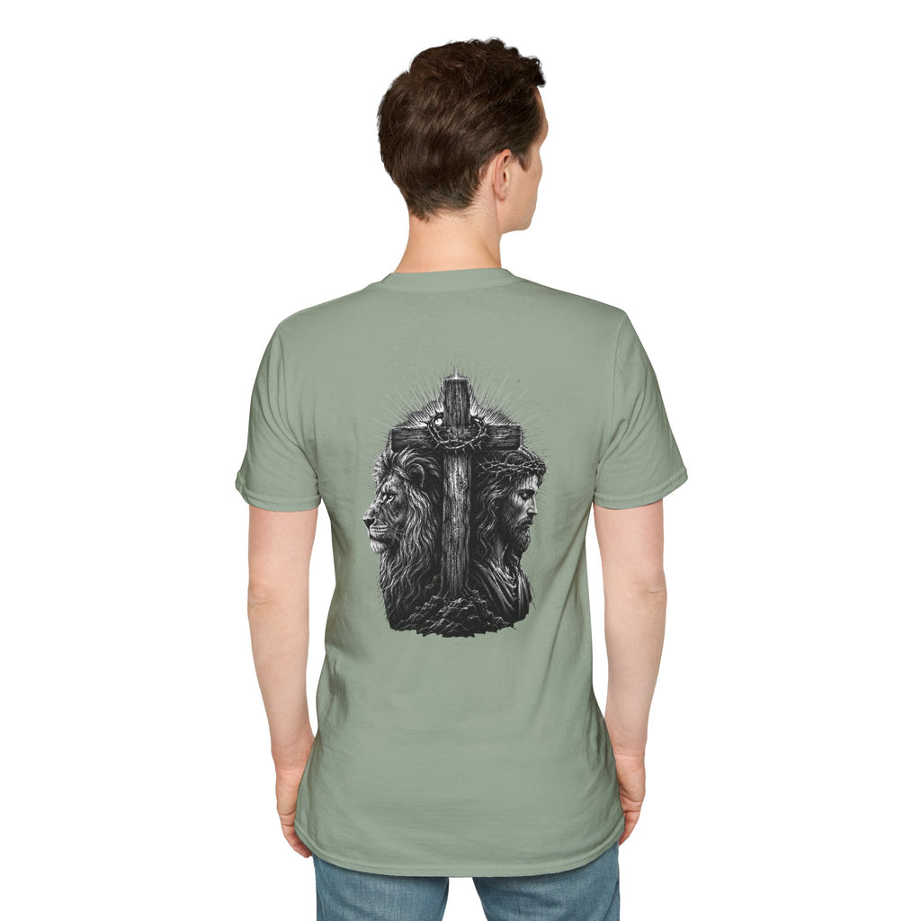 Cross Lion and Jesus Back Print T-Shirt — Wood Cross Chest Christian Faith Graphic
