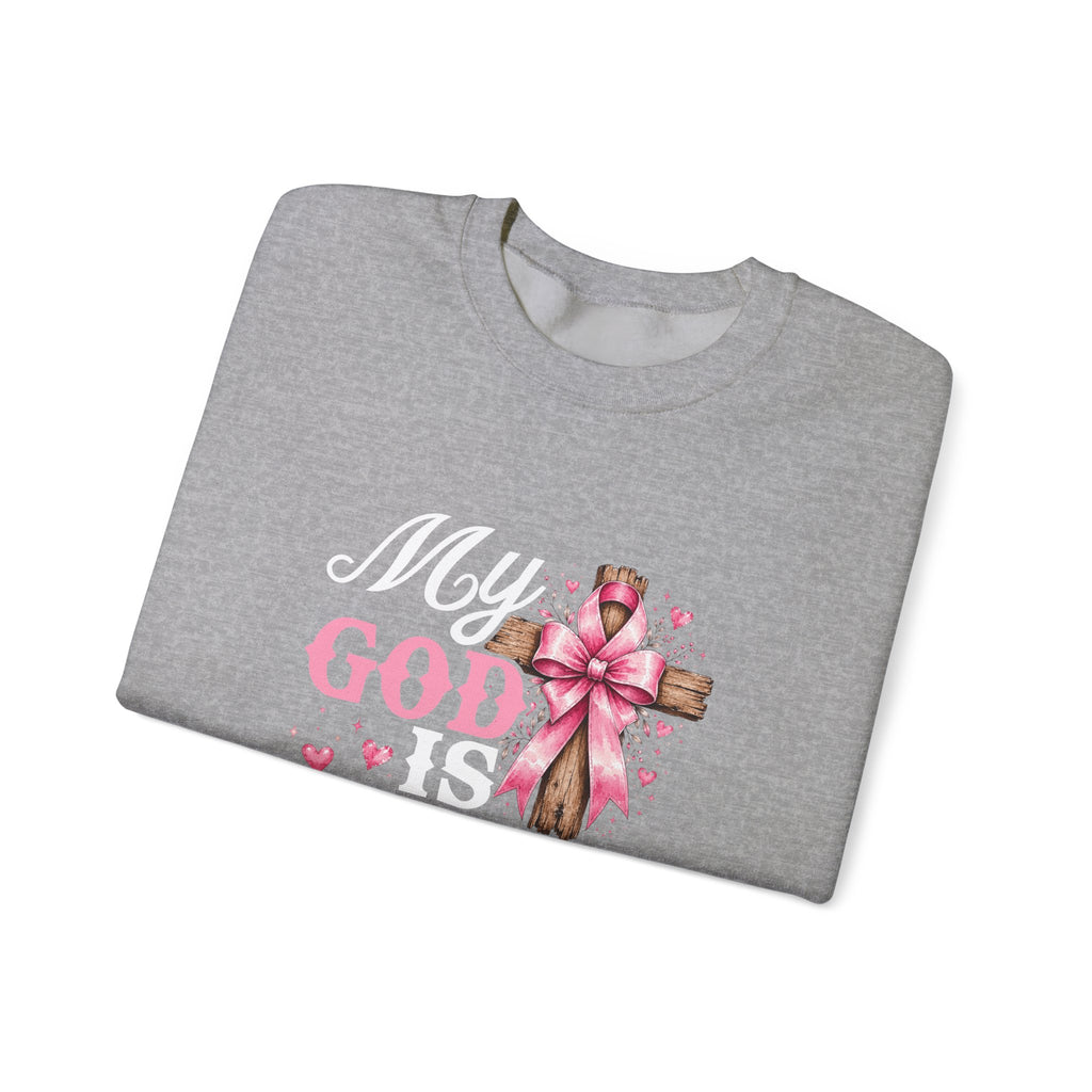 My God Is Bigger Than Cancer Breast Cancer Awareness Crewneck Sweatshirt