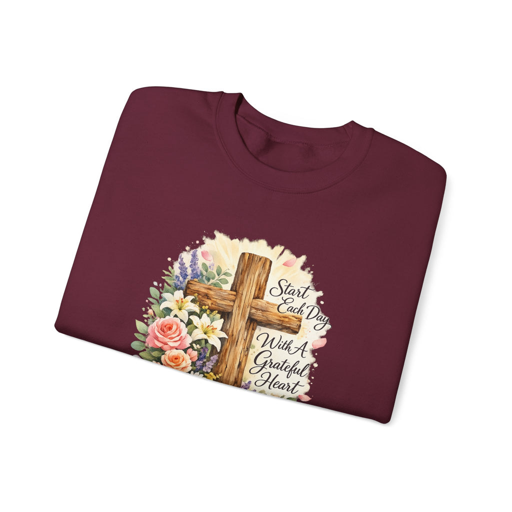 Christian Crewneck Sweatshirt — "Start Each Day with a Grateful Heart" Floral Cross