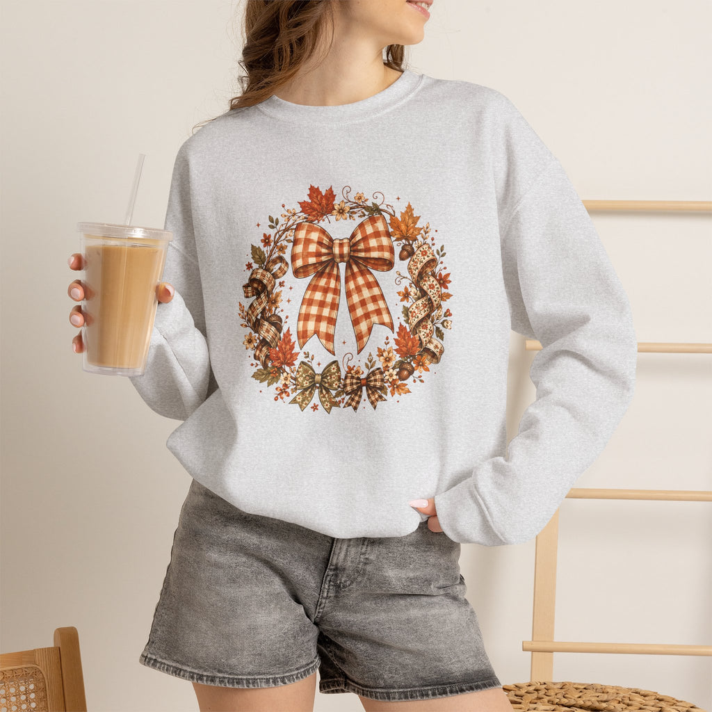 Cozy Autumn Plaid Bow Wreath Crewneck Sweatshirt