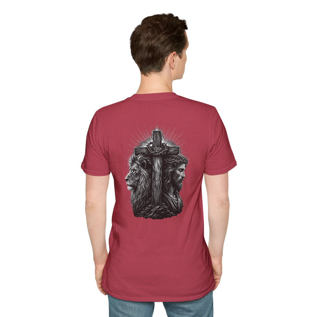 Cross Lion and Jesus Back Print T-Shirt — Wood Cross Chest Christian Faith Graphic