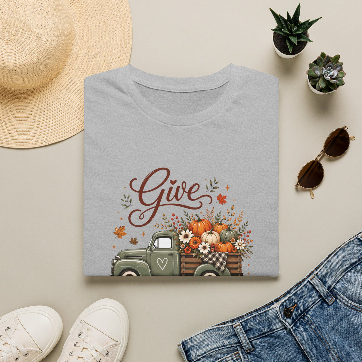 Give Thanks Fall Truck T-Shirt — Pumpkin Harvest Autumn Tee