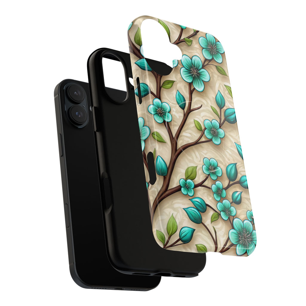 Floral Teal Blossom Tough Magnetic iPhone Case — MagSafe Protective Cover