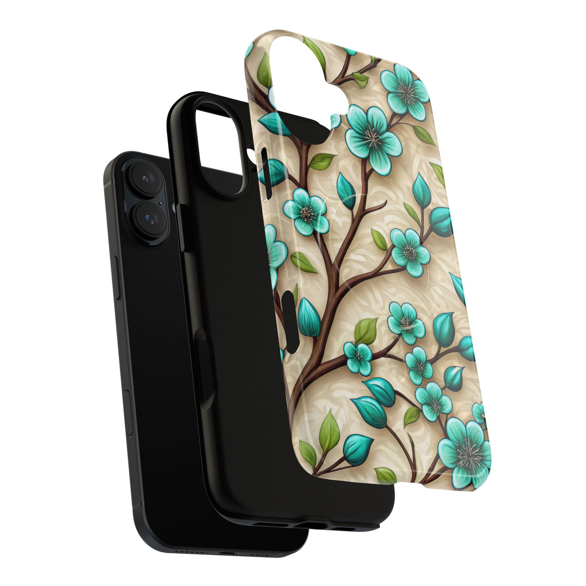 Floral Teal Blossom Tough Magnetic iPhone Case — MagSafe Protective Cover