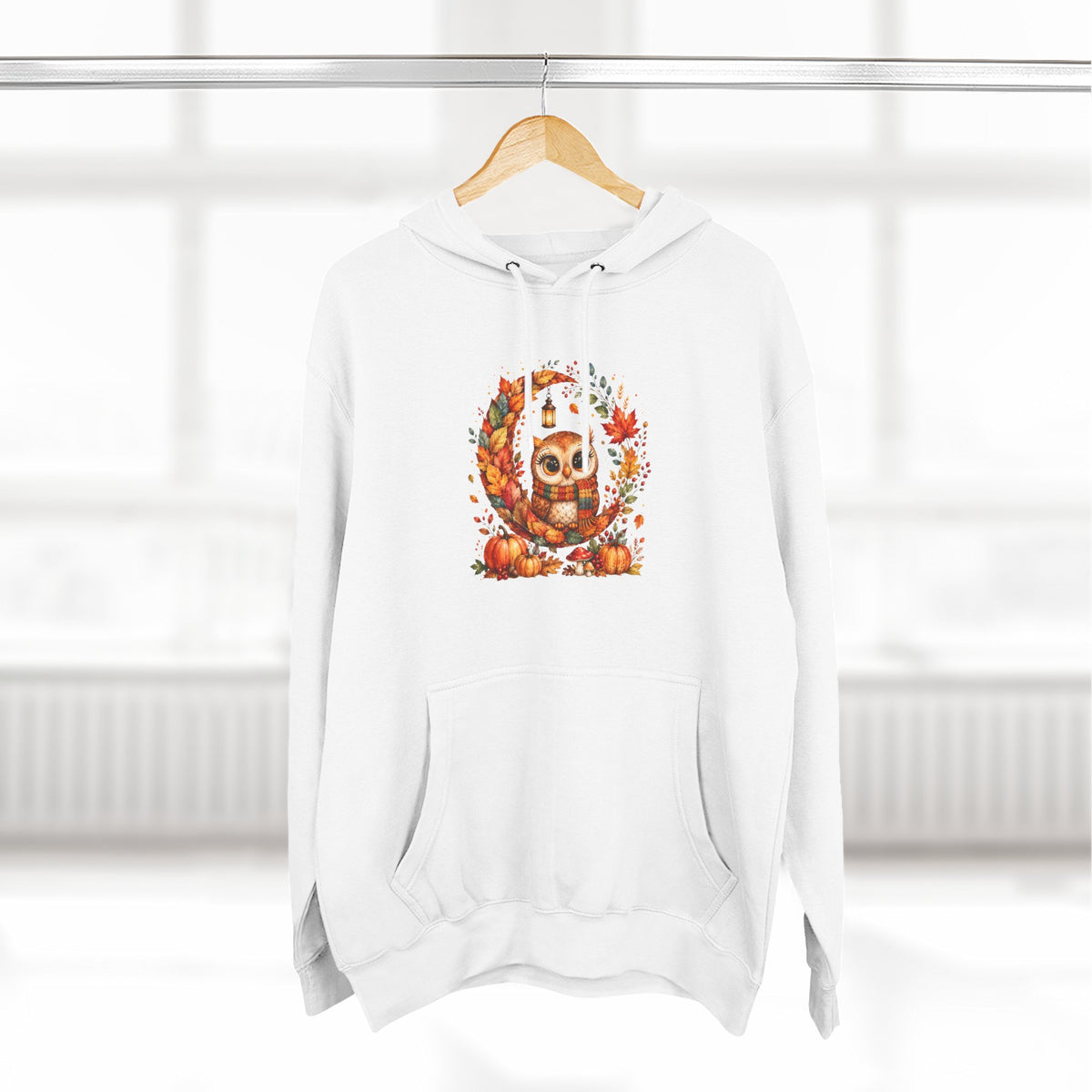 Cozy Autumn Owl Crescent Moon Embroidered Hoodie