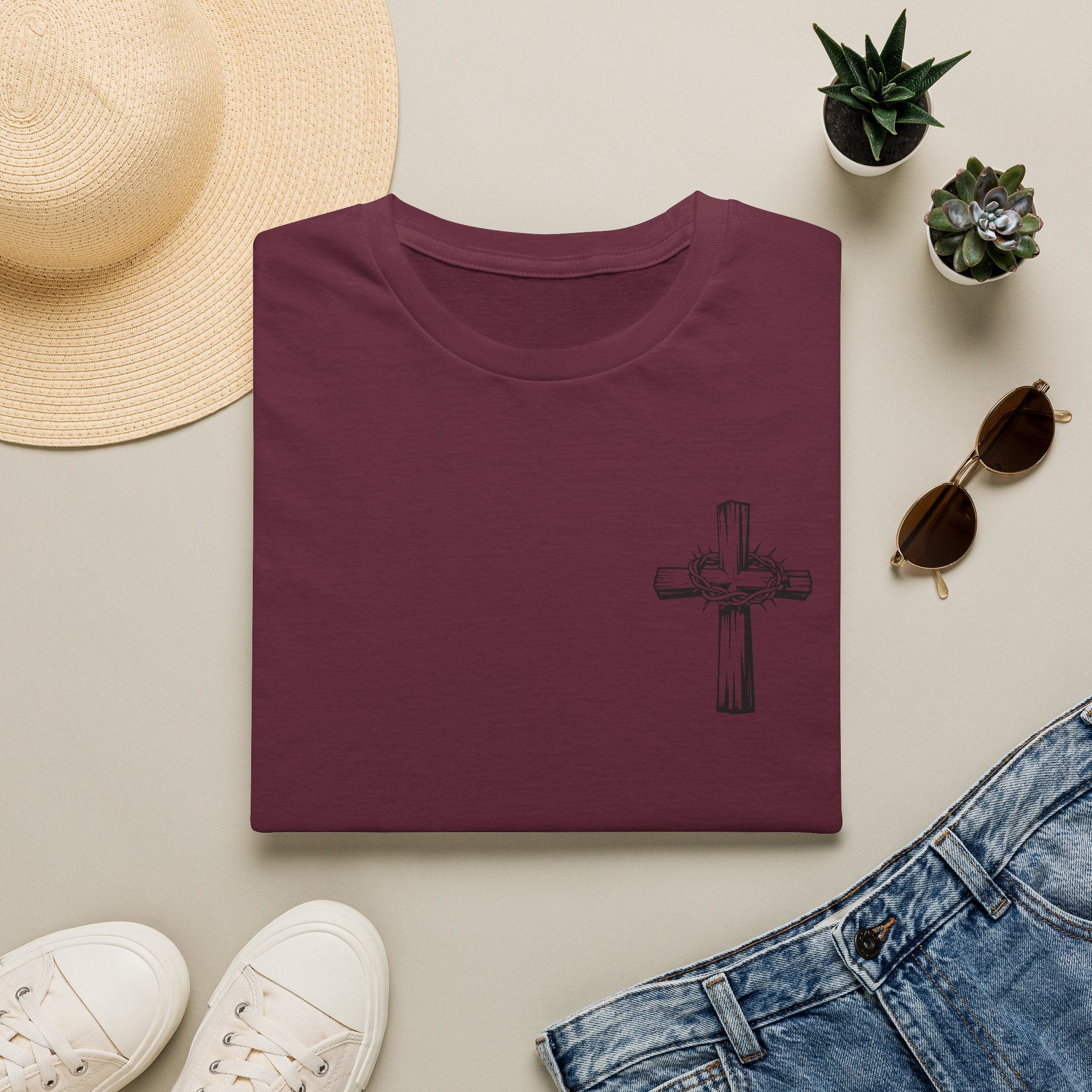 Cross Lion and Jesus Back Print T-Shirt — Wood Cross Chest Christian Faith Graphic