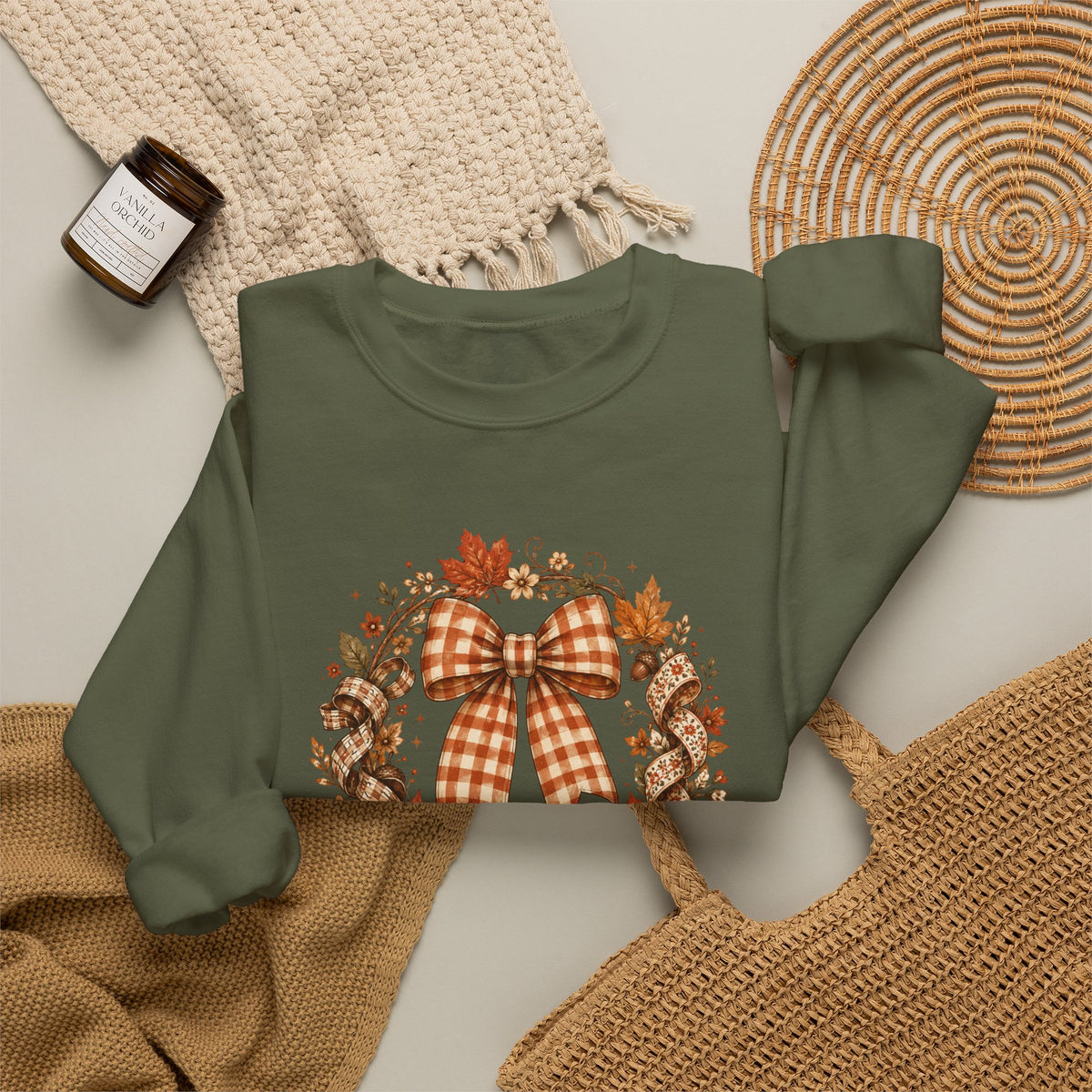 Cozy Autumn Plaid Bow Wreath Crewneck Sweatshirt
