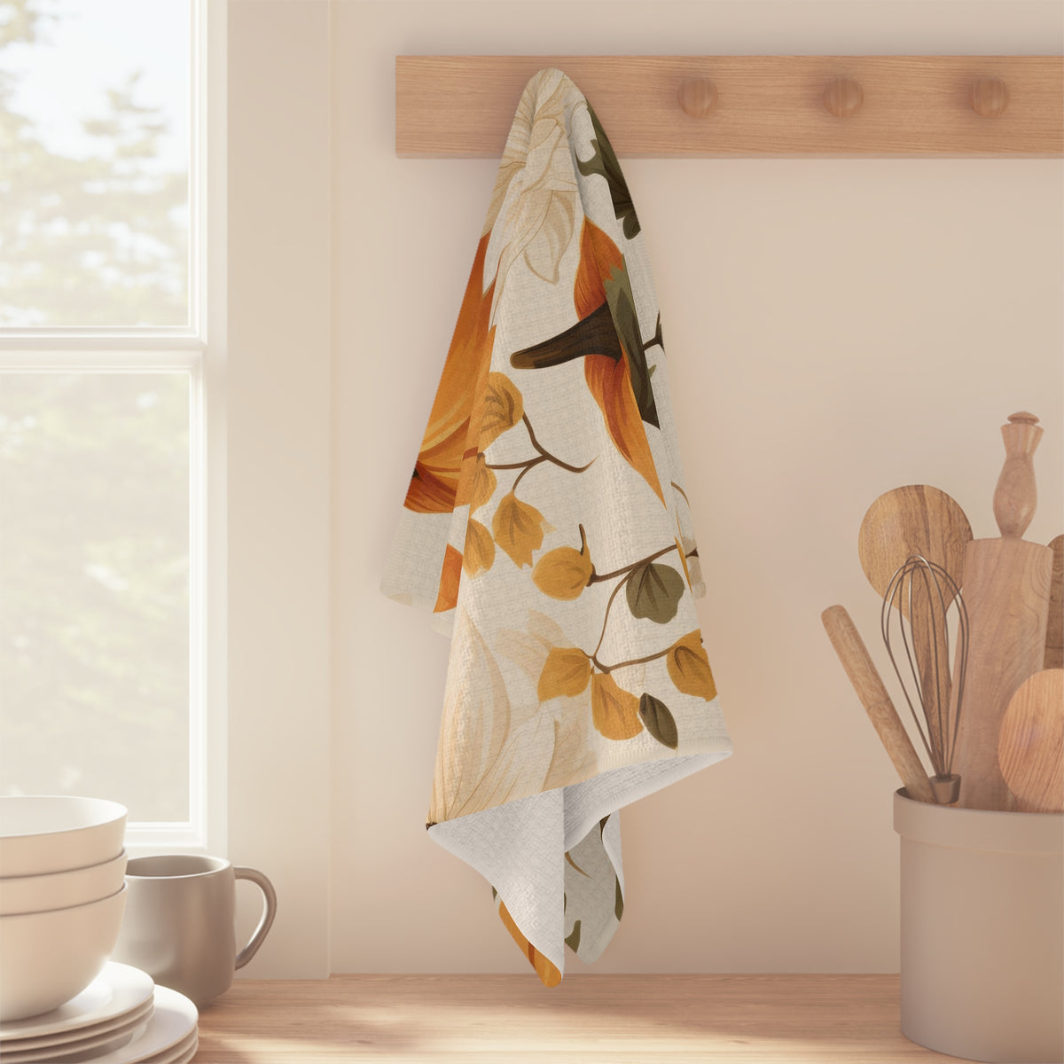 Autumn Pumpkin Tea Towel — Fall Floral Microfiber Kitchen Towel