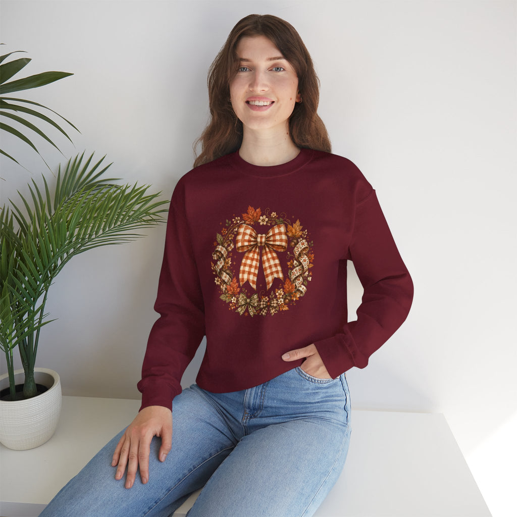 Cozy Autumn Plaid Bow Wreath Crewneck Sweatshirt
