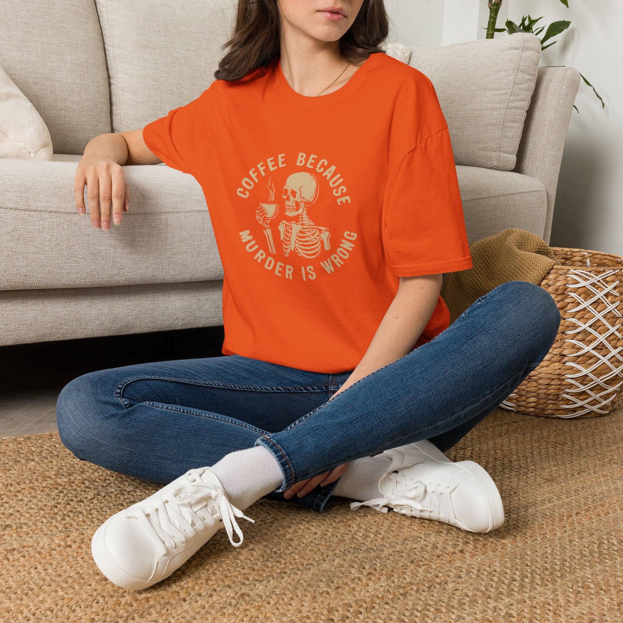 Coffee Because Murder Is Wrong Skull T-Shirt — Funny Dark Humor Gift for Her Graphic Tee