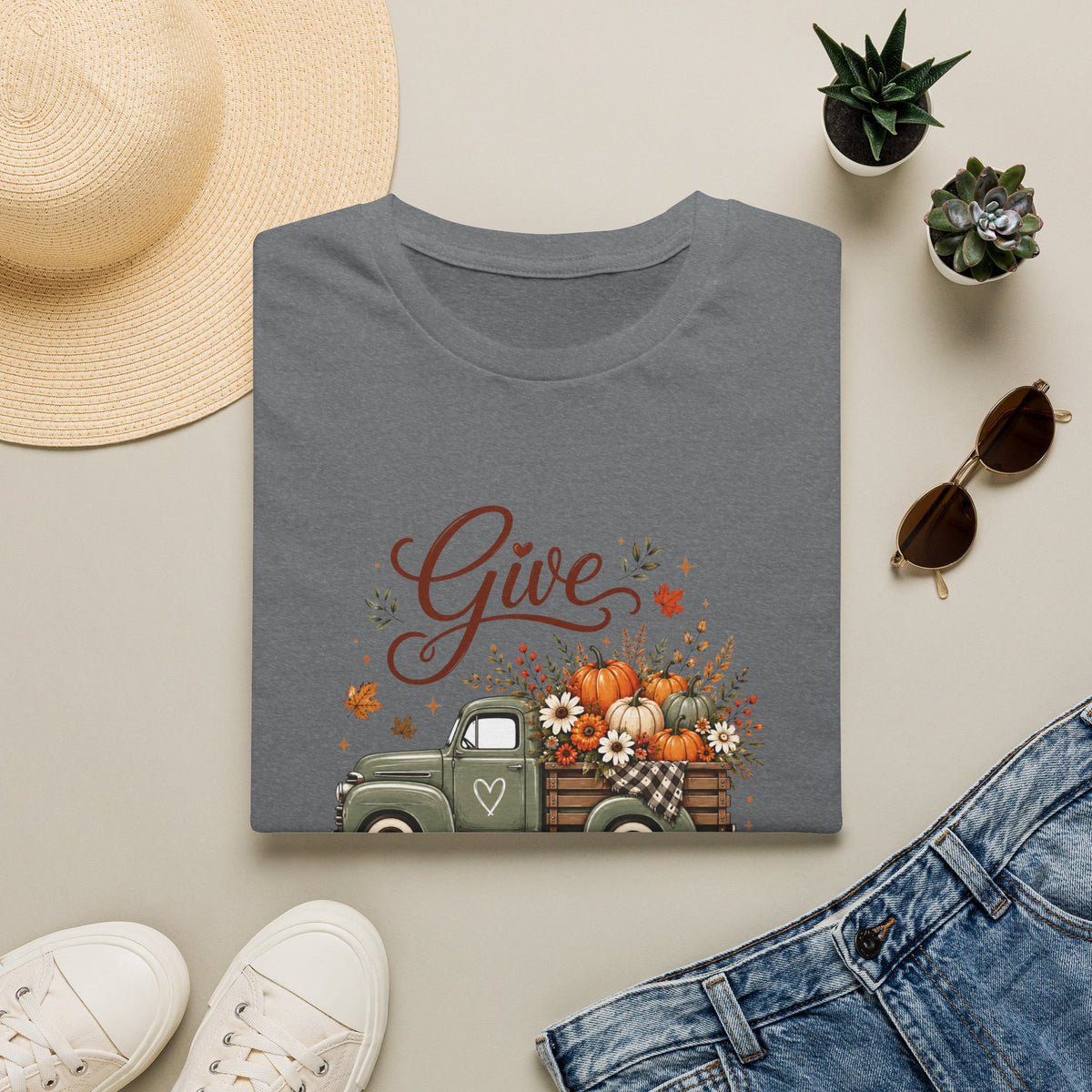 Give Thanks Fall Truck T-Shirt — Pumpkin Harvest Autumn Tee