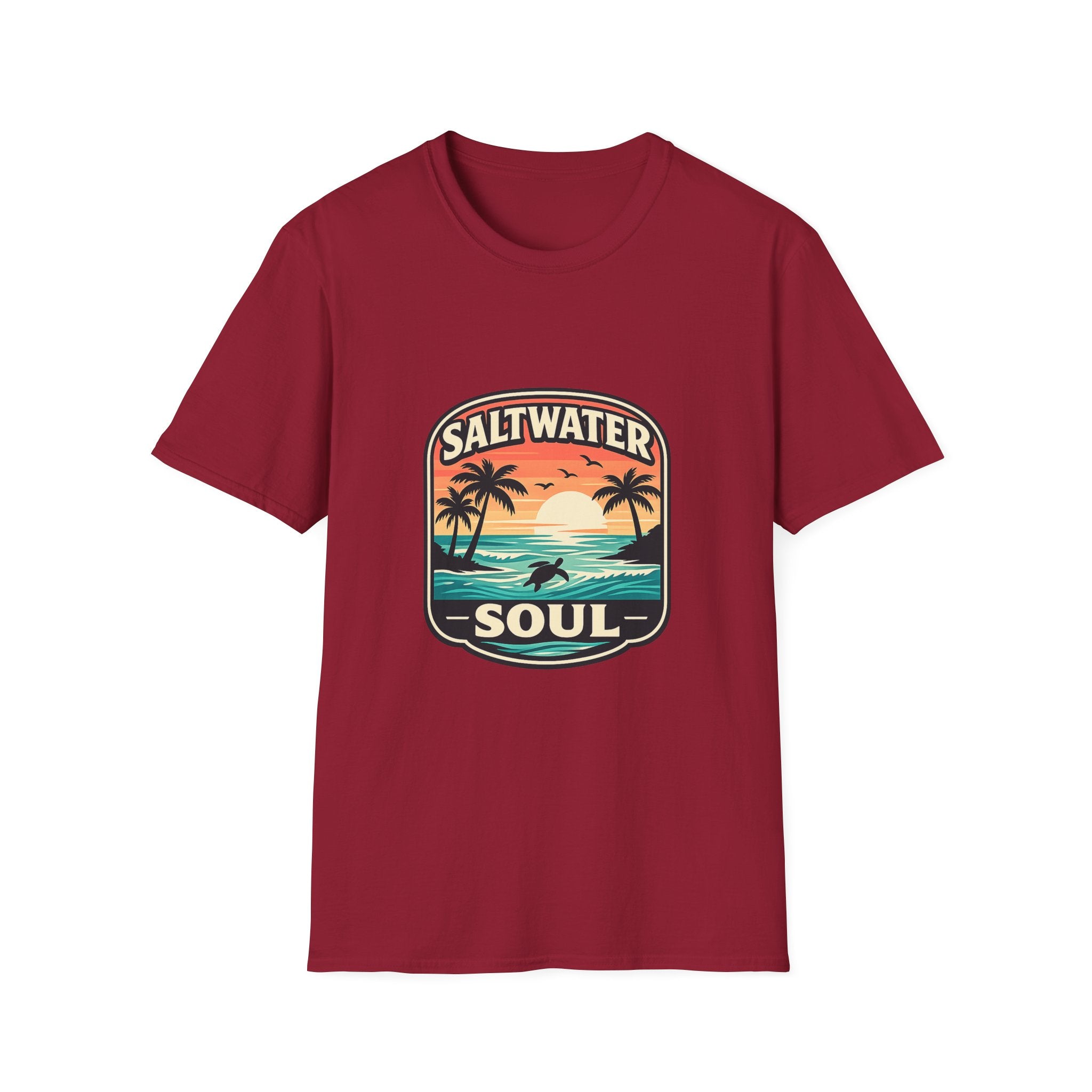Saltwater Soul Retro Beach T-Shirt — Cute Coastal Gift for Women Sunset Palm Tee