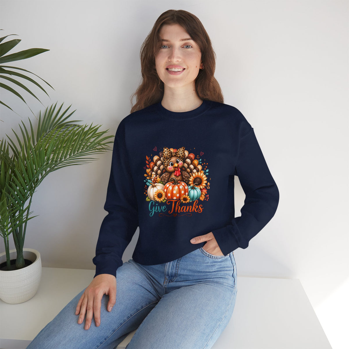 Sweatshirt — "Give Thanks" Autumn Turkey & Pumpkin Thanksgiving Crewneck