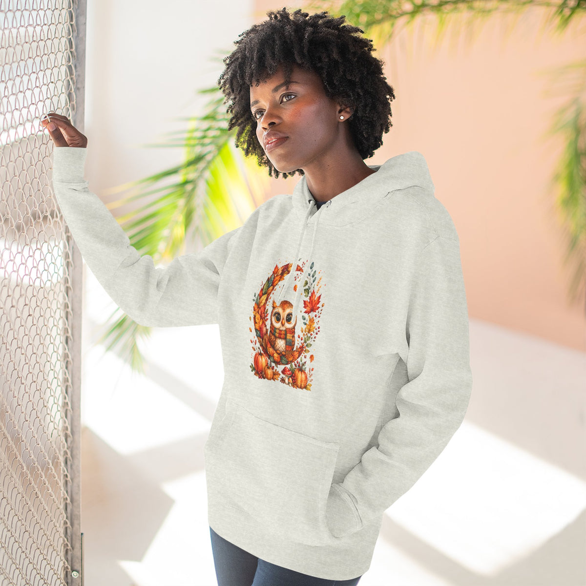 Cozy Autumn Owl Crescent Moon Embroidered Hoodie