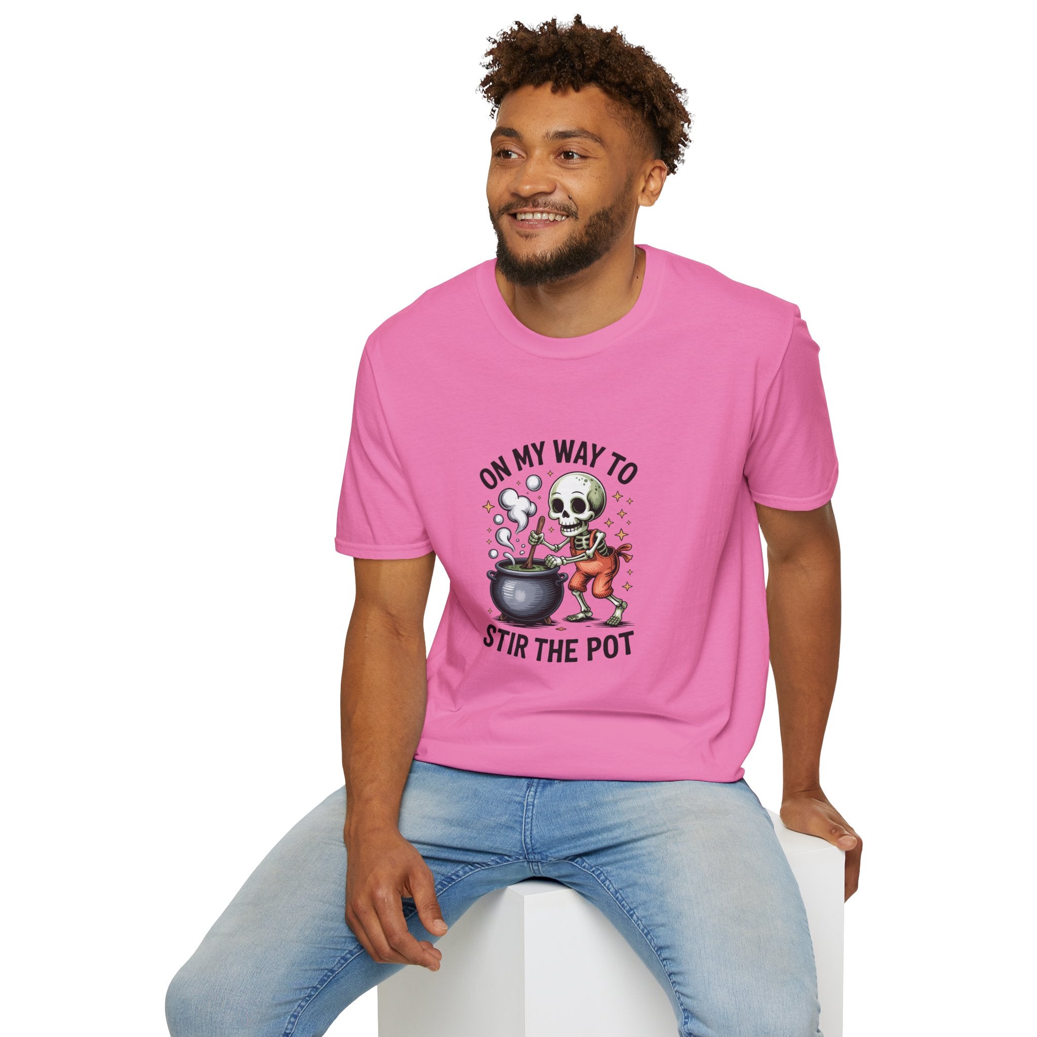 On My Way to Stir the Pot Skeleton T-Shirt — Funny Halloween Gift for Women