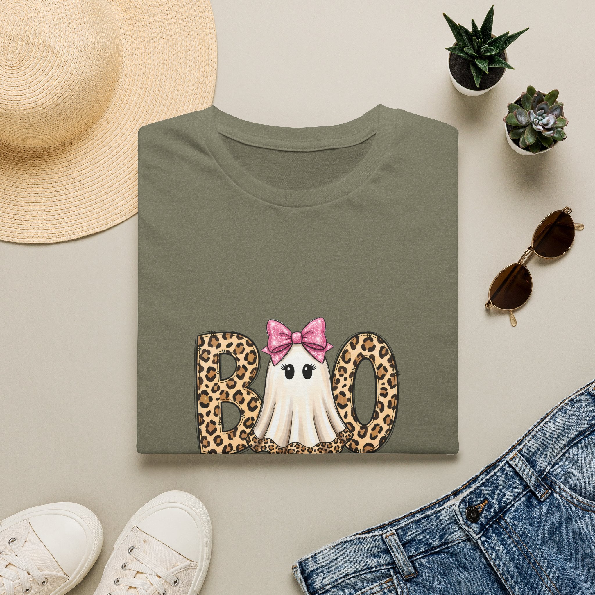 Boo Leopard Ghost T-Shirt — Cute Pink Bow Halloween Gift for Women Graphic Tee