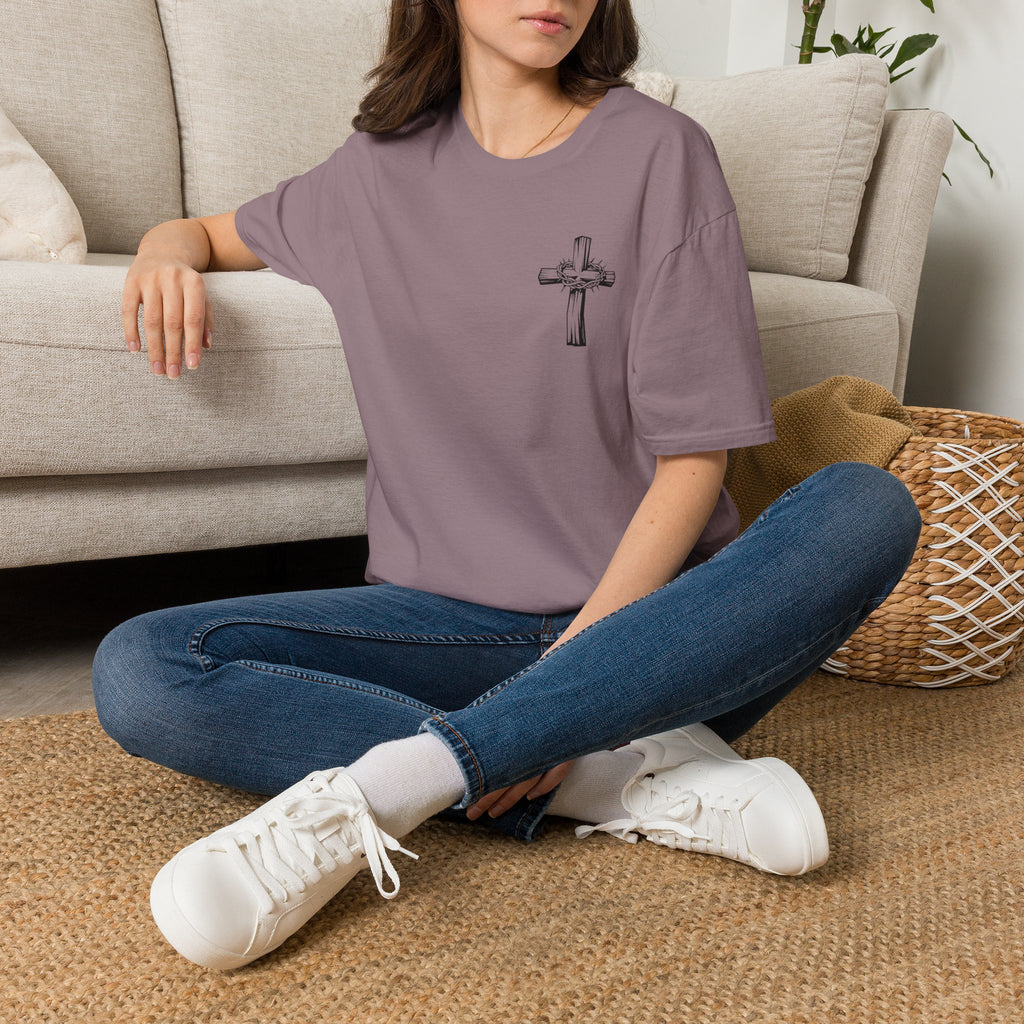 Cross Lion and Jesus Back Print T-Shirt — Wood Cross Chest Christian Faith Graphic