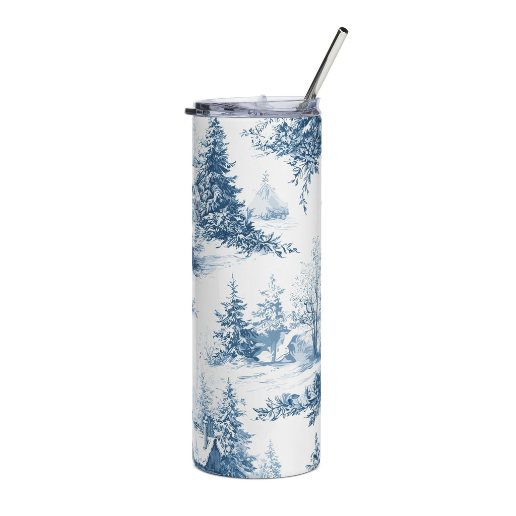 20oz Winter Cottage Stainless Steel Tumbler Blue Toile Snowy Pines Travel Cup