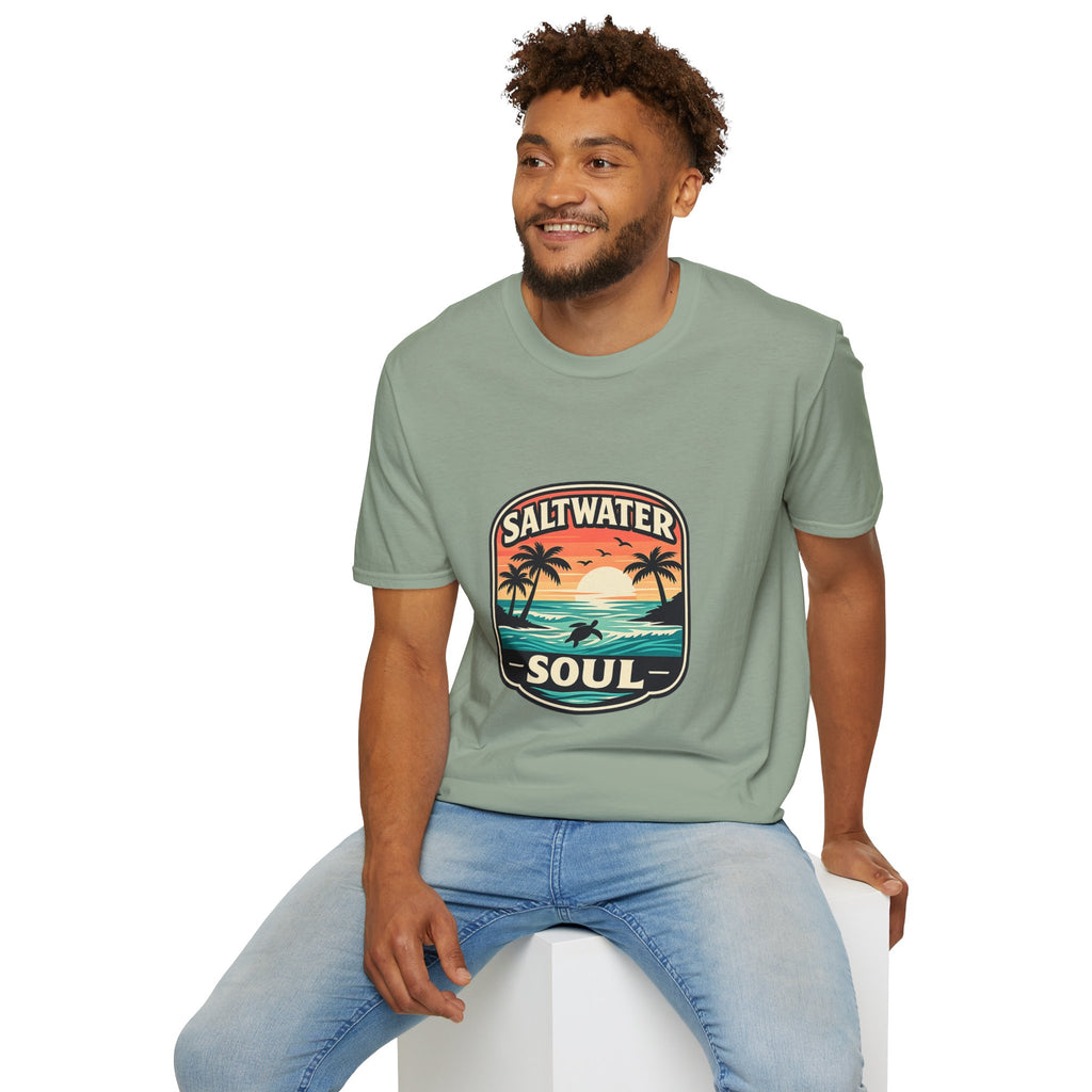 Saltwater Soul Retro Beach T-Shirt — Cute Coastal Gift for Women Sunset Palm Tee