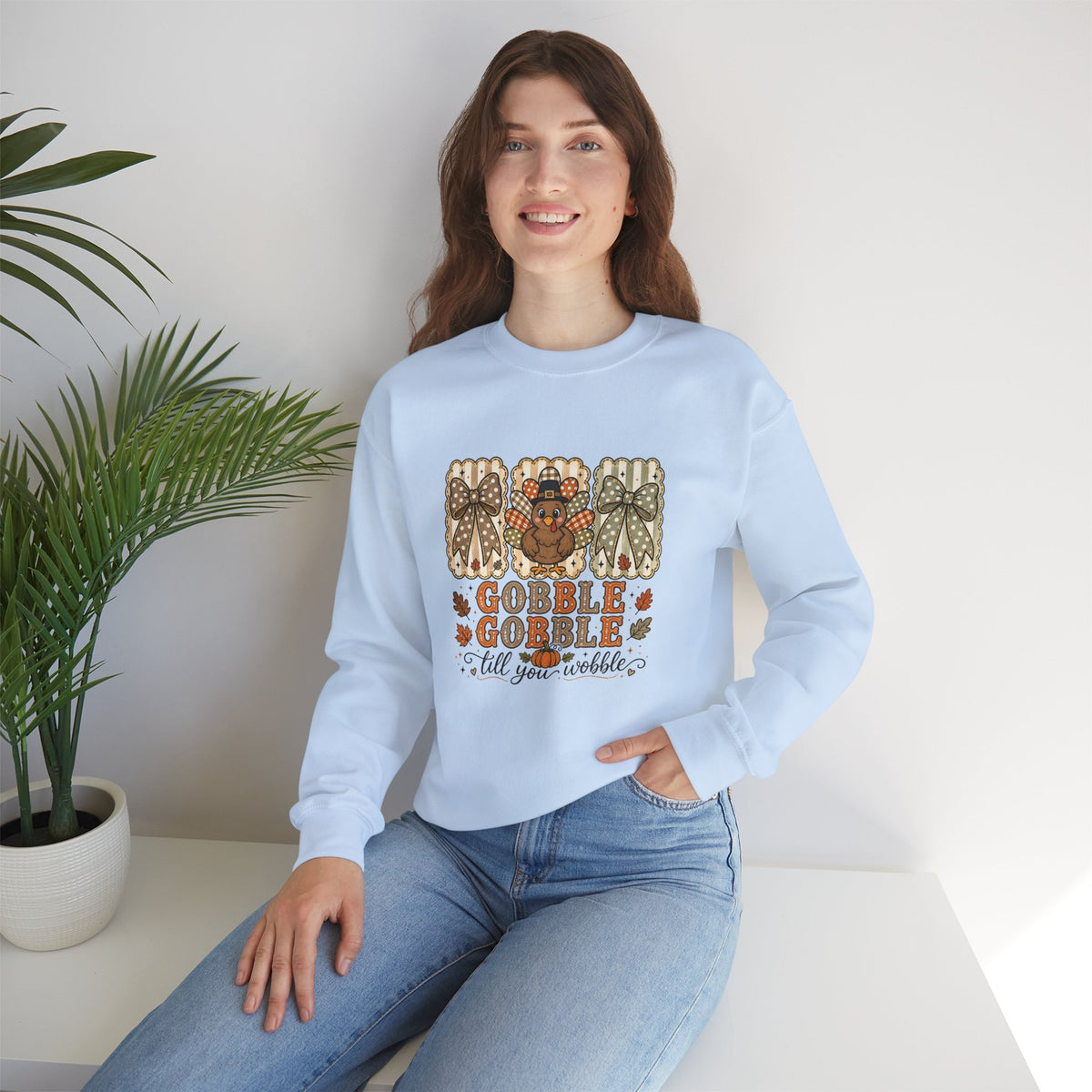 Thanksgiving Crewneck Sweatshirt — "Gobble Gobble 'til You Wobble" Turkey Design