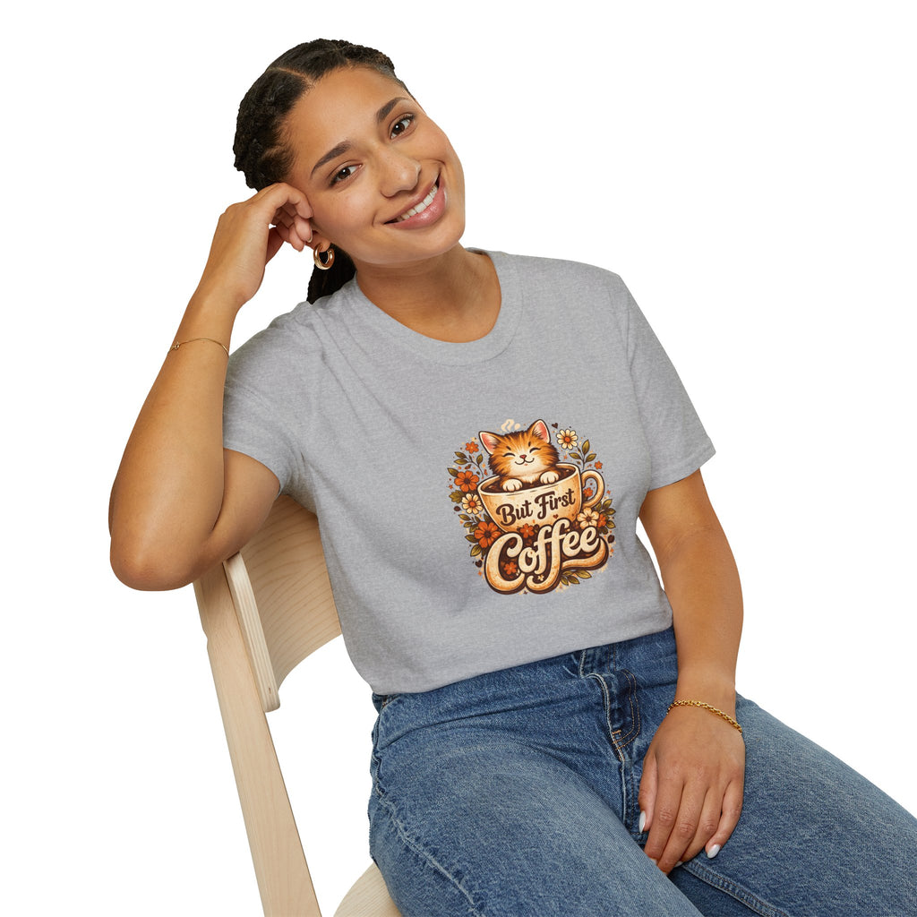 But First Coffee Cat T-Shirt — Cute Floral Gift for Coffee Lovers Women's Tee