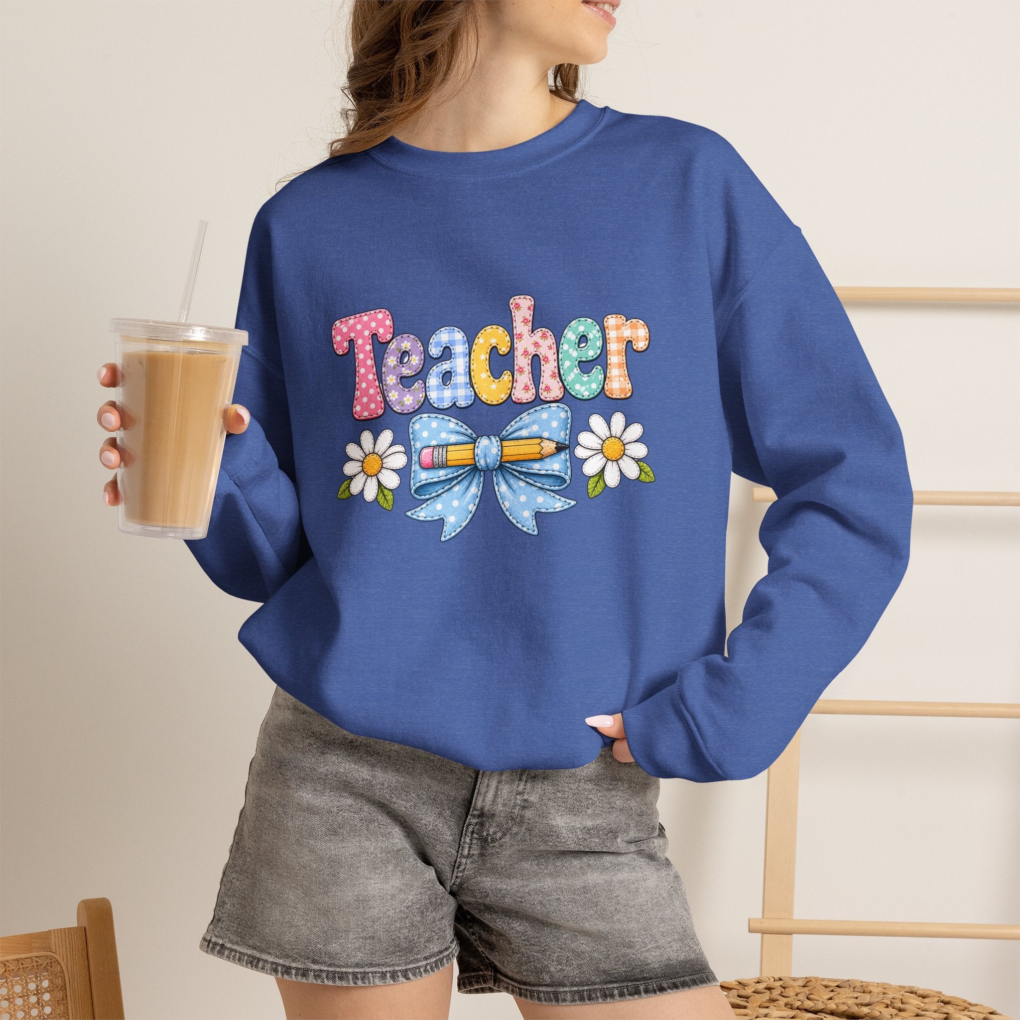 Teacher Floral Bow Sweatshirt — Cute Pastel Gift for Teachers Appreciation Crewneck