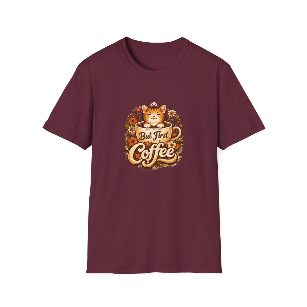 But First Coffee Cat T-Shirt — Cute Floral Gift for Coffee Lovers Women's Tee