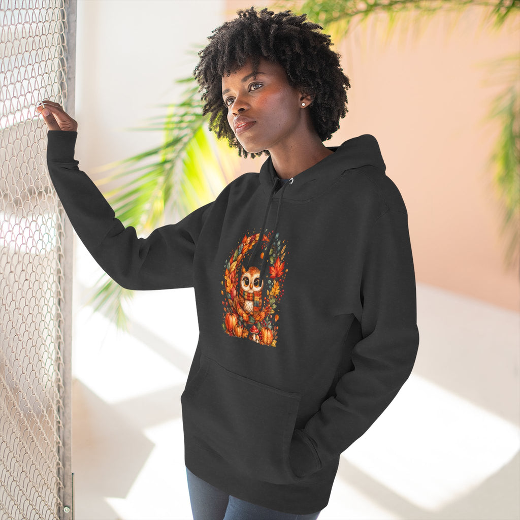 Cozy Autumn Owl Crescent Moon Embroidered Hoodie