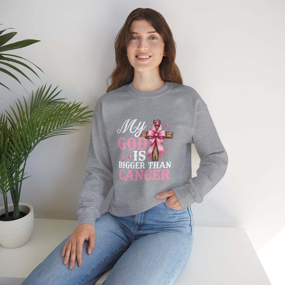 My God Is Bigger Than Cancer Breast Cancer Awareness Crewneck Sweatshirt