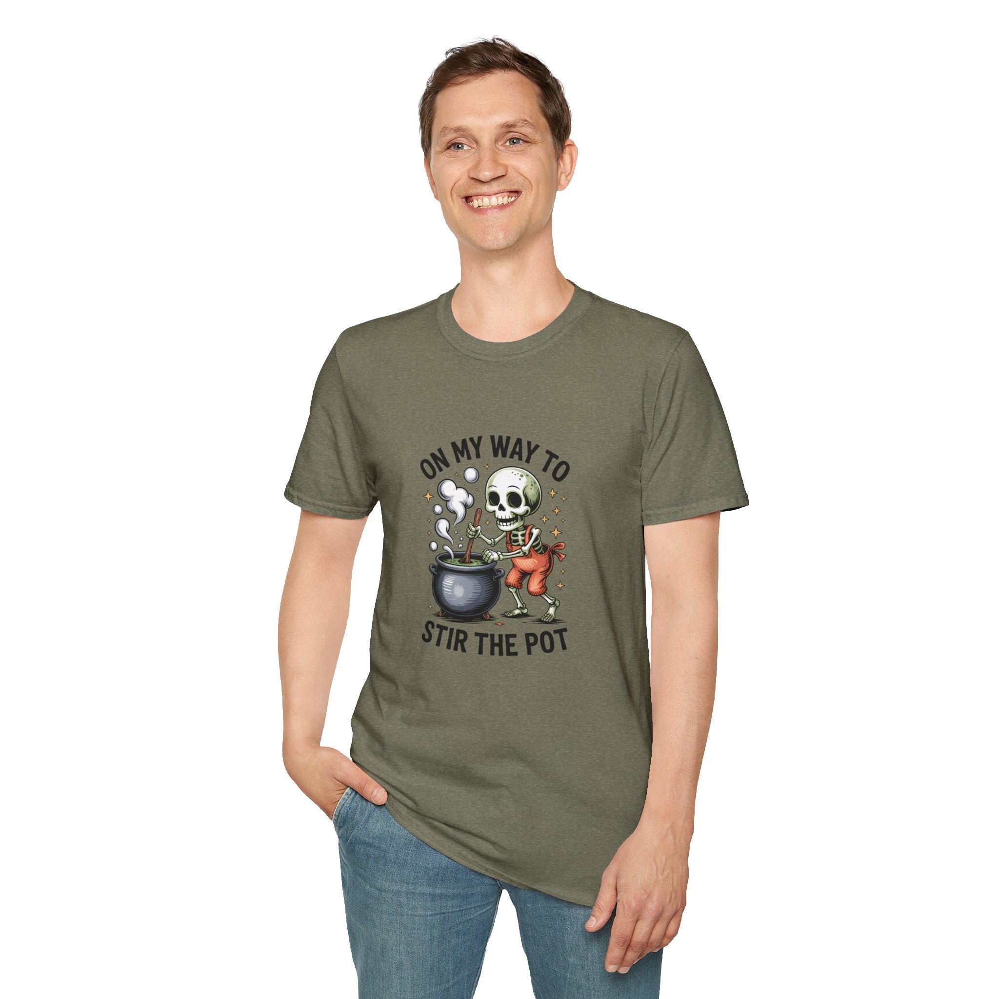 On My Way to Stir the Pot Skeleton T-Shirt — Funny Halloween Gift for Women